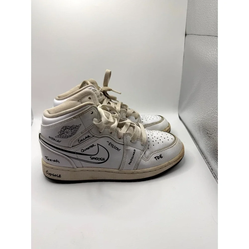 Nike Air Jordan 1 Mid GS Schematic DQ1864-100 Kid 4.5 Sneaker White Leather Shoe
